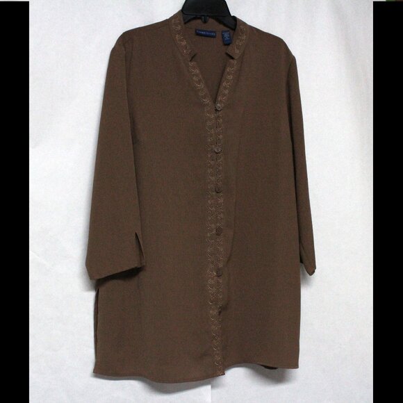 Karen Scott Tops - Karen Scott Women's XL Brown Button Down Tunic Top & Decorative Trim